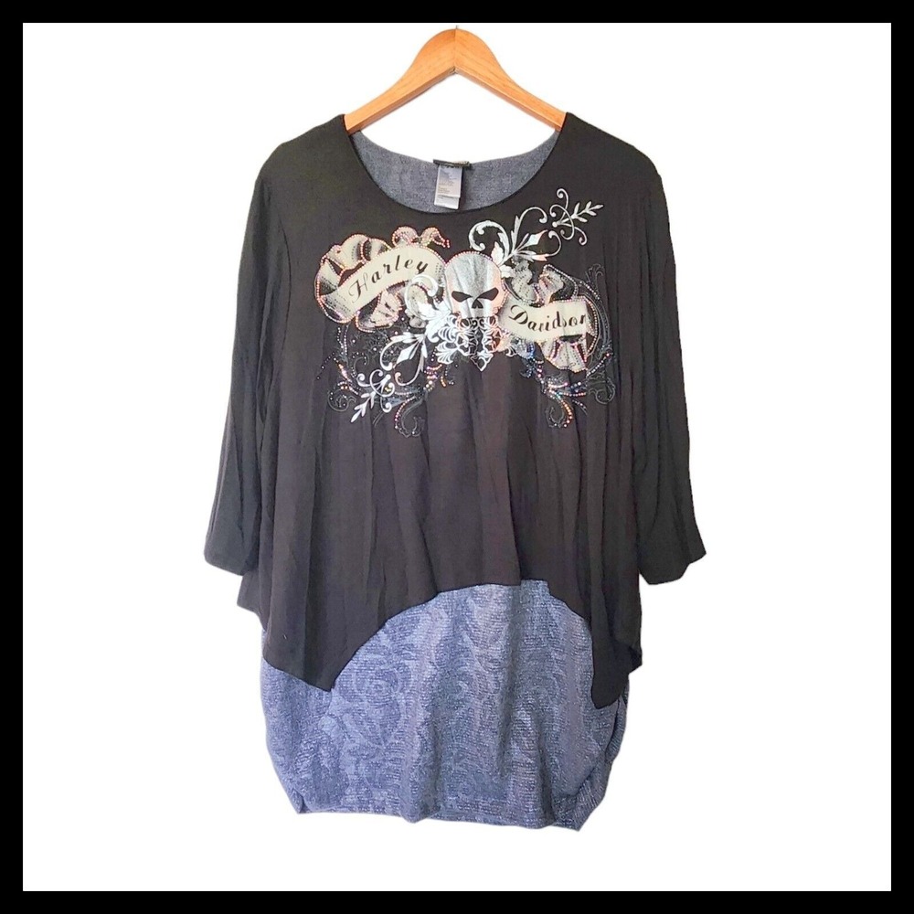 Harley Davidson Black 3/4 Sleeve Pullover Graphic T Shirt Plus Size 2X NWT